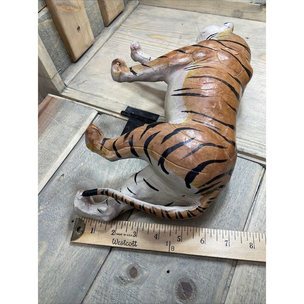 VINTAGE Leather Wrapped Tiger Sculpture Glass Eyes Jungle Safari Figurine Rare - Picture 10 of 11
